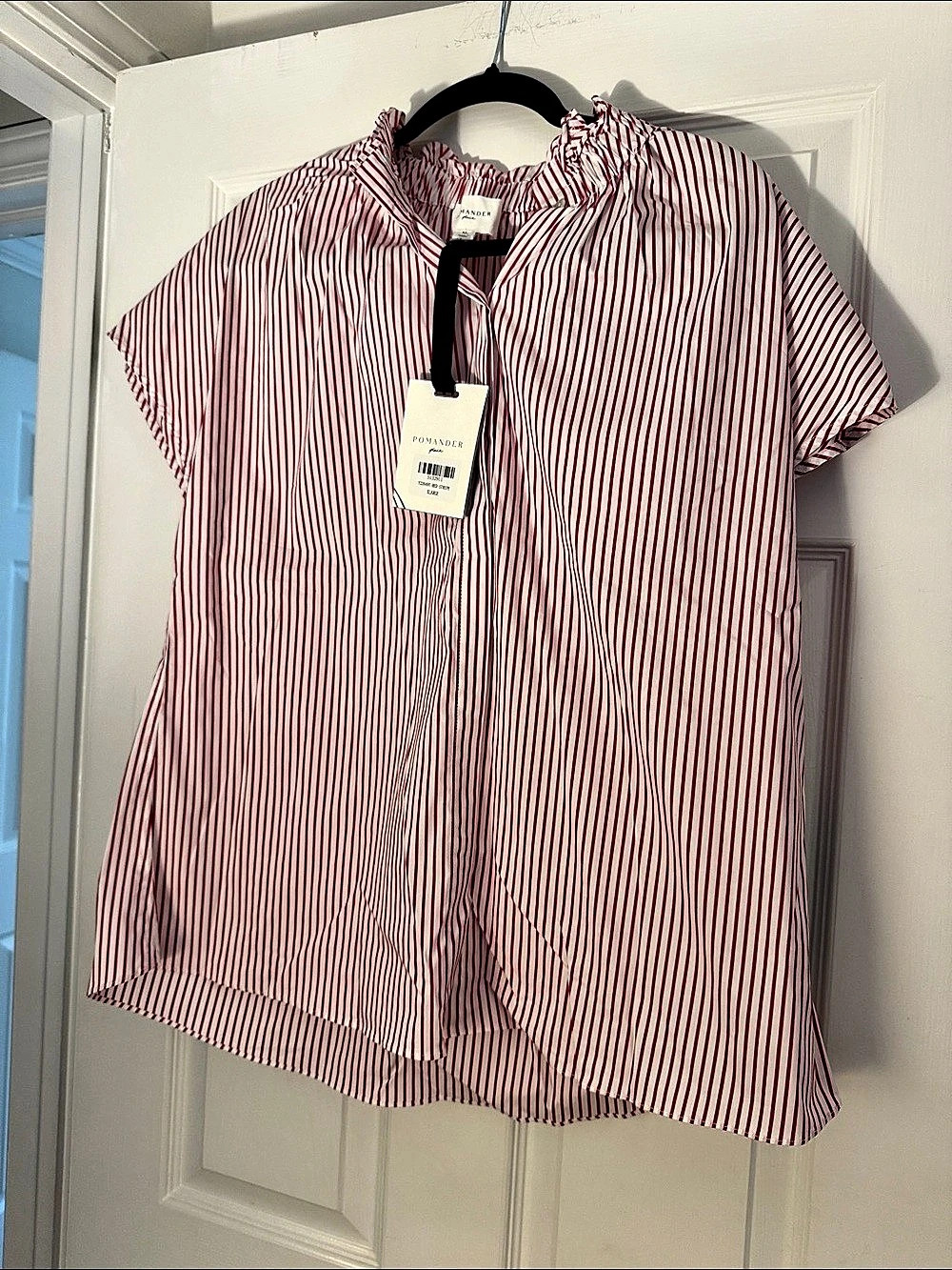 Pomander Place Striped Short Sleeve Shirt in White & Red Size XL